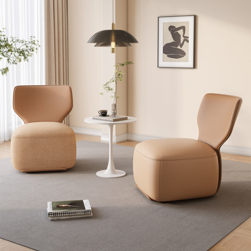Nordic Wood Leather Cotton-Linen Swivel Accent Chair — Non-Swivel / Leather / Cream