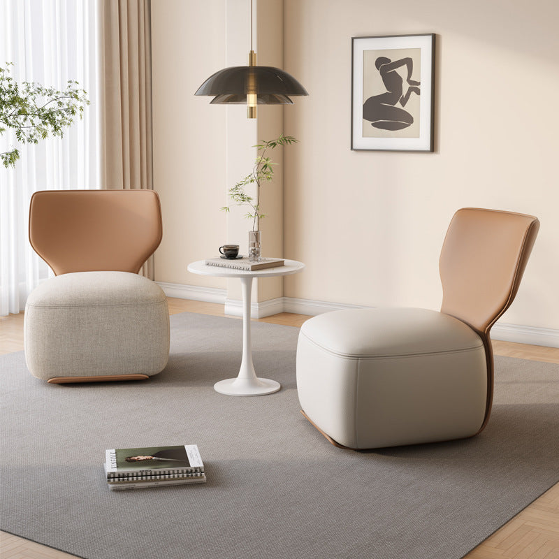 Nordic Wood Leather Cotton-Linen Swivel Accent Chair — Non-Swivel / Leather / Light Gray