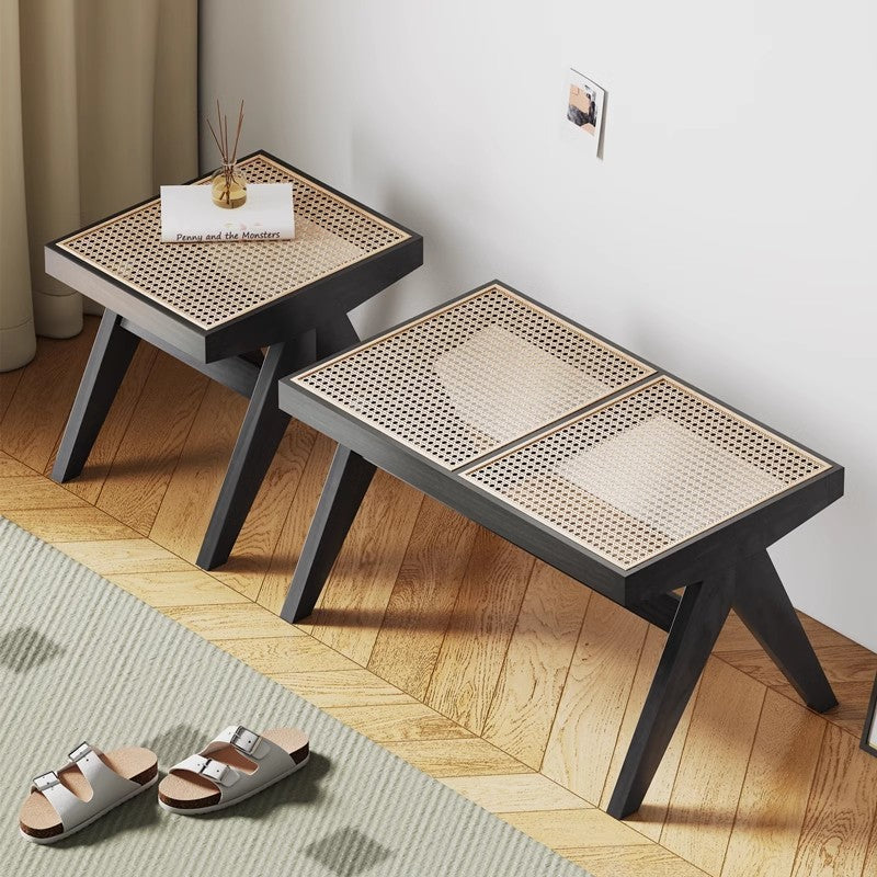 Japanese Rubberwood Rattan Rectangular V-Leg Bench — Single Seat / Cherry Wood Color