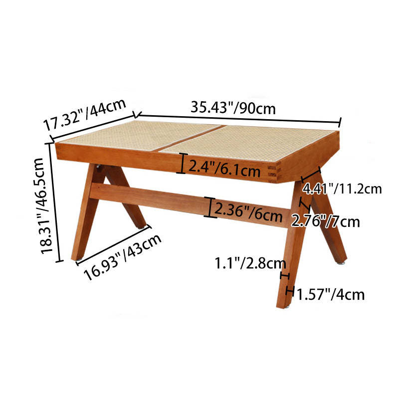 Japanese Rubberwood Rattan Rectangular V-Leg Bench — Double Seat / Walnut