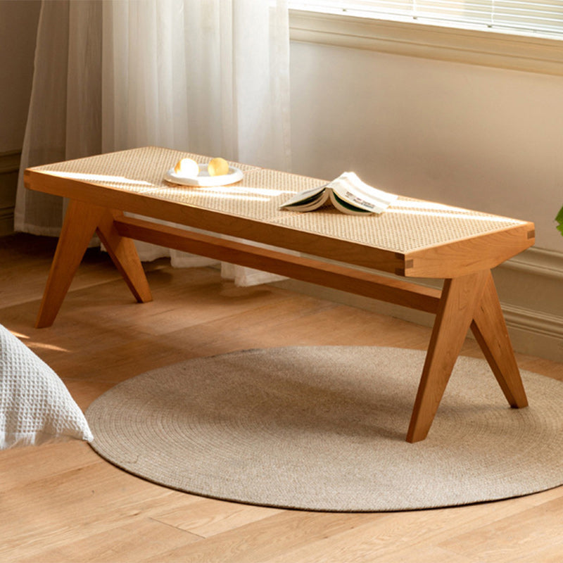 Japanese Rubberwood Rattan Rectangular V-Leg Bench