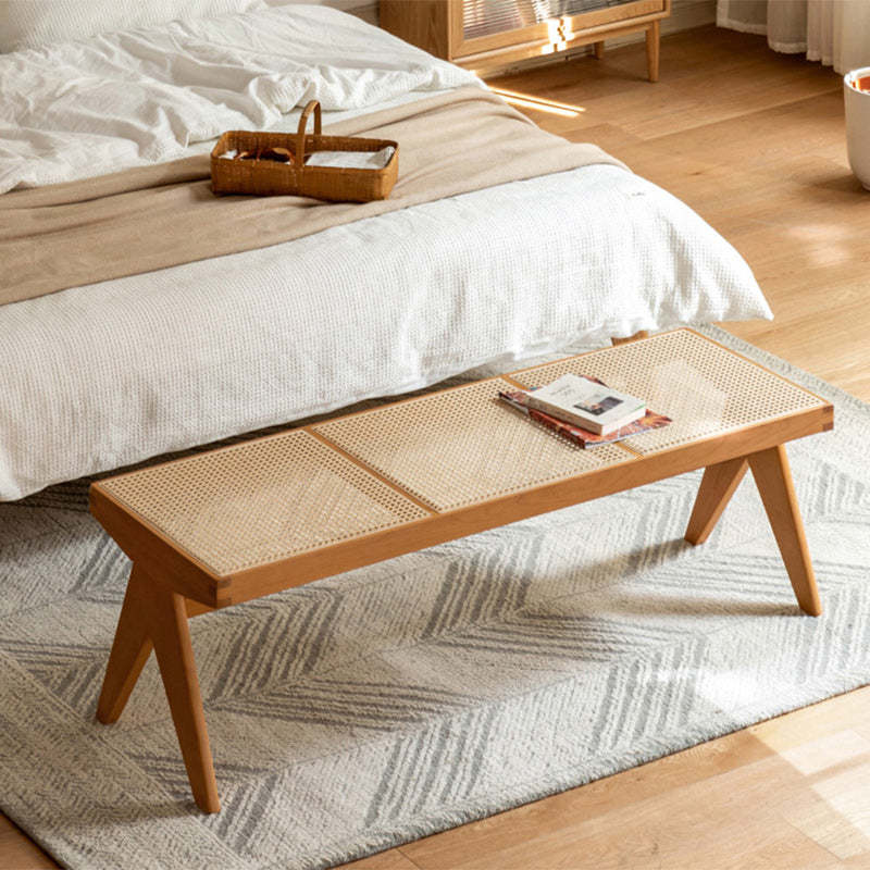 Japanese Rubberwood Rattan Rectangular V-Leg Bench