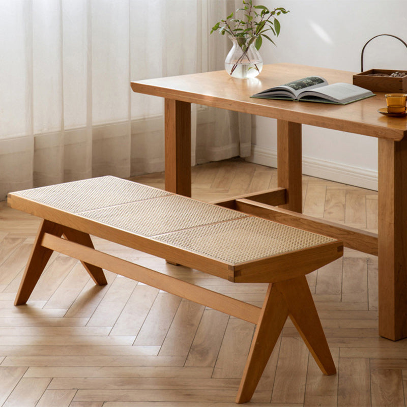 Japanese Rubberwood Rattan Rectangular V-Leg Bench