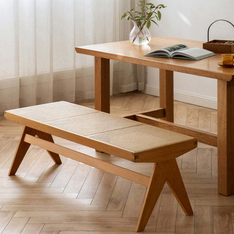 Japanese Rubberwood Rattan Rectangular V-Leg Bench