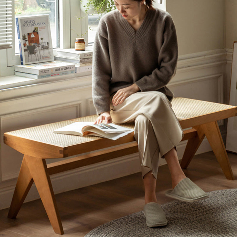 Japanese Rubberwood Rattan Rectangular V-Leg Bench