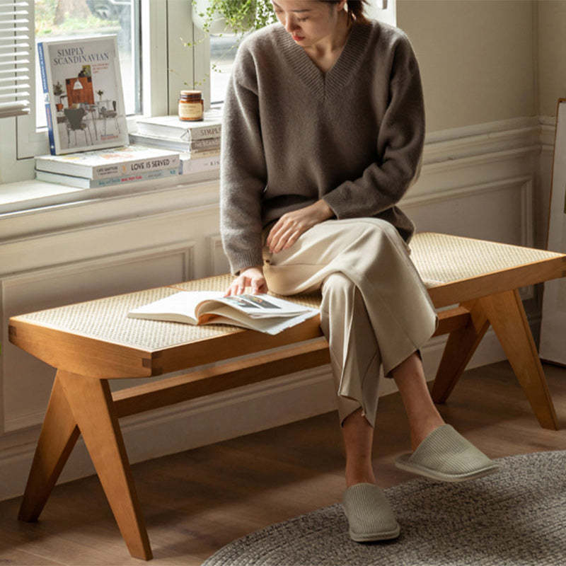 Japanese Rubberwood Rattan Rectangular V-Leg Bench