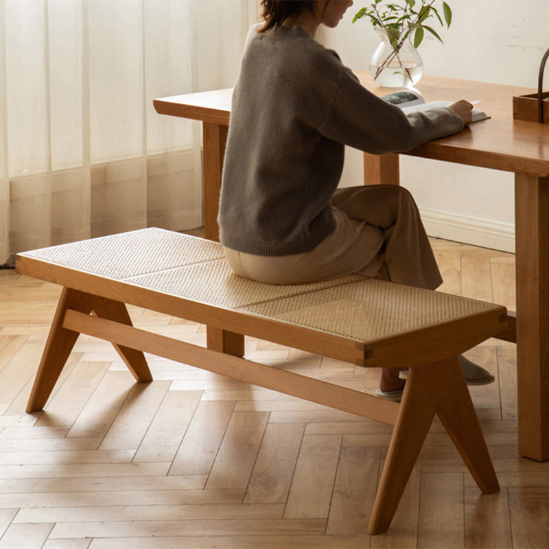 Japanese Rubberwood Rattan Rectangular V-Leg Bench
