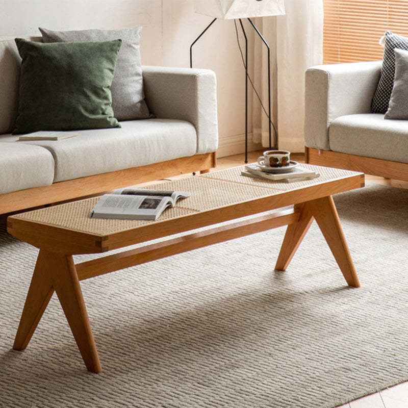 Japanese Rubberwood Rattan Rectangular V-Leg Bench