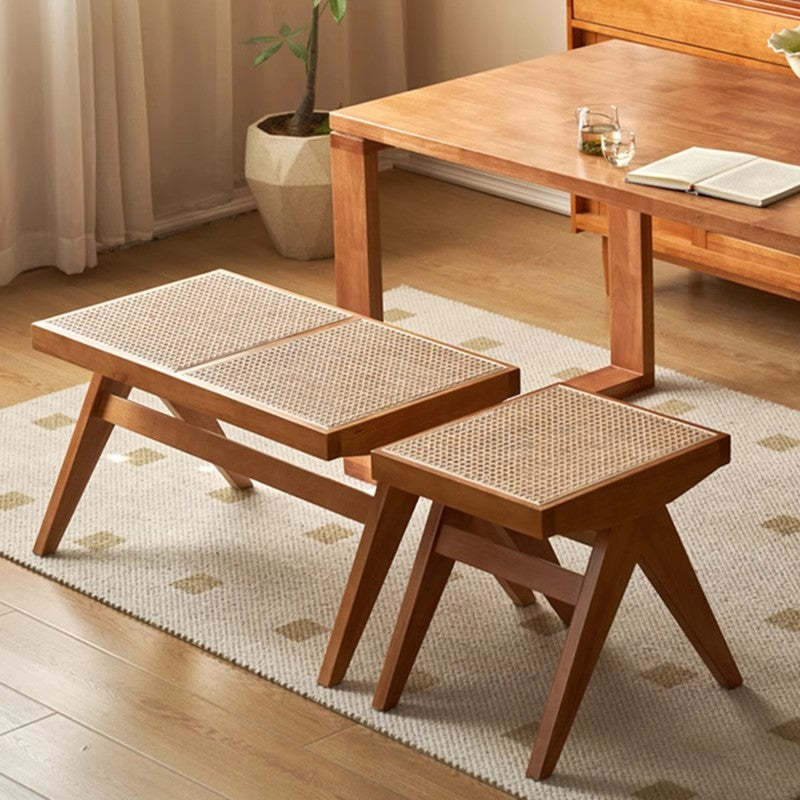 Japanese Rubberwood Rattan Rectangular V-Leg Bench — Single Seat / Wood Color