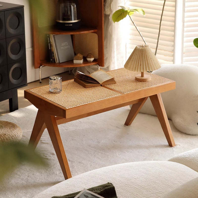 Japanese Rubberwood Rattan Rectangular V-Leg Bench