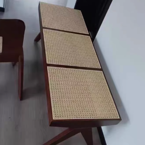 Japanese Rubberwood Rattan Rectangular V-Leg Bench
