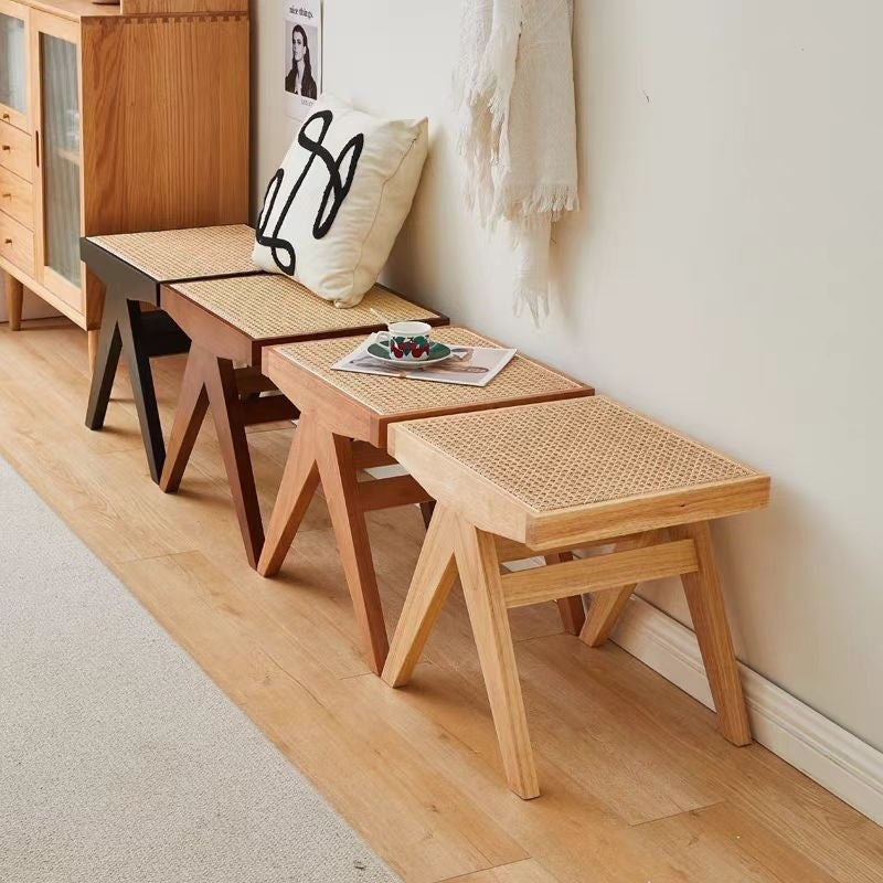 Japanese Rubberwood Rattan Rectangular V-Leg Bench — Single Seat / Walnut