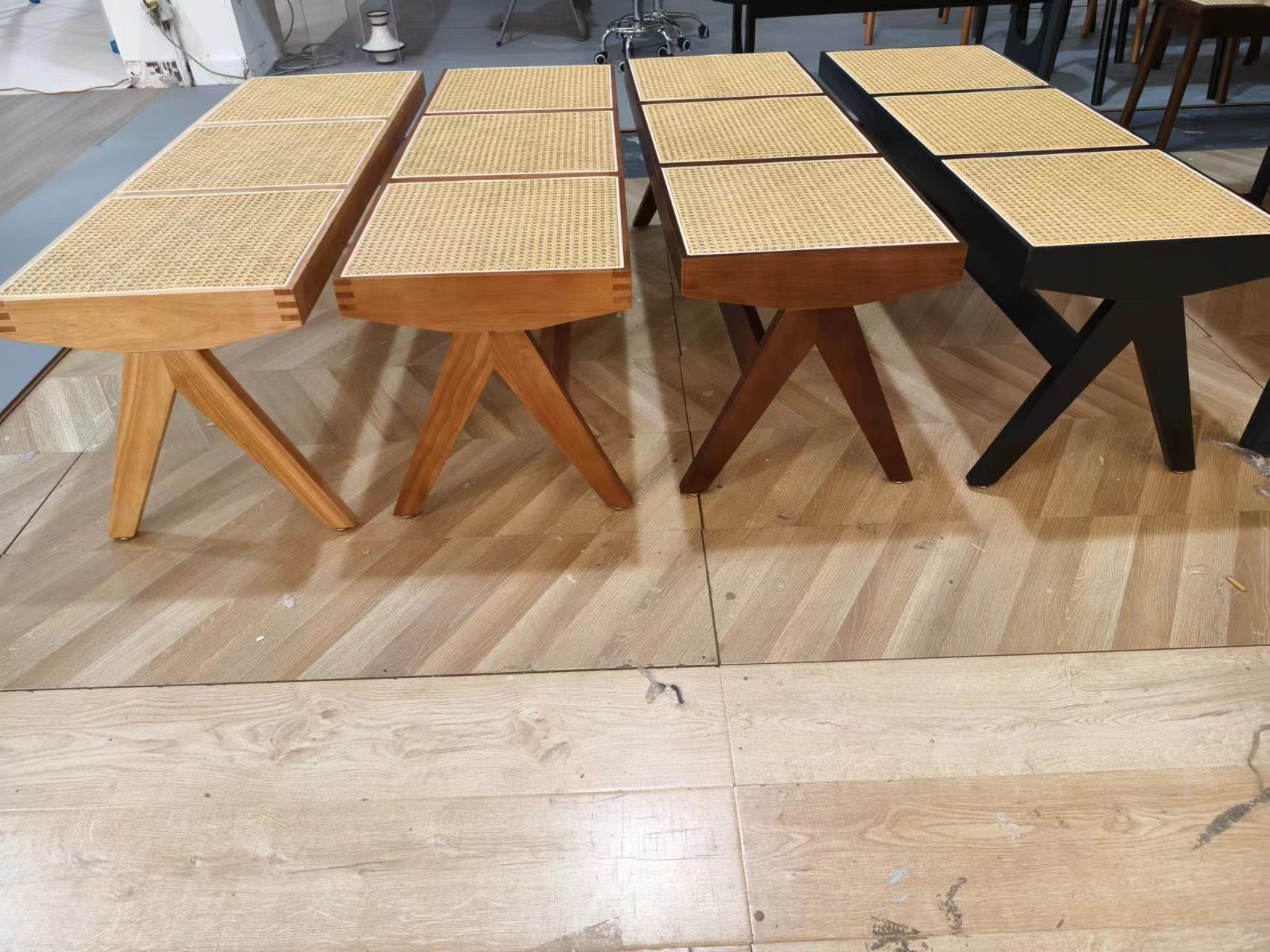 Japanese Rubberwood Rattan Rectangular V-Leg Bench