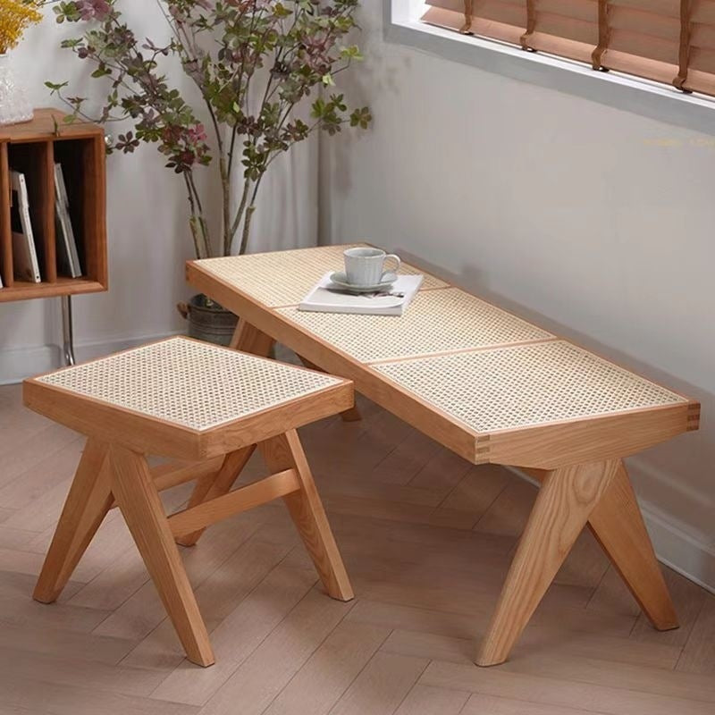 Japanese Rubberwood Rattan Rectangular V-Leg Bench