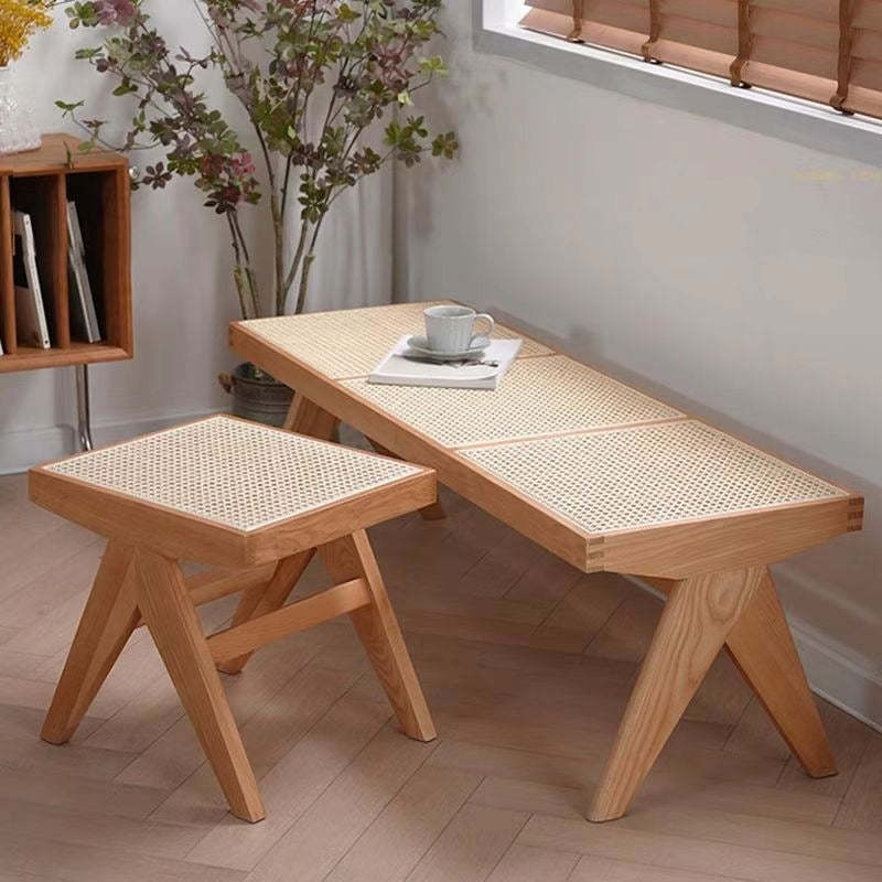 Japanese Rubberwood Rattan Rectangular V-Leg Bench