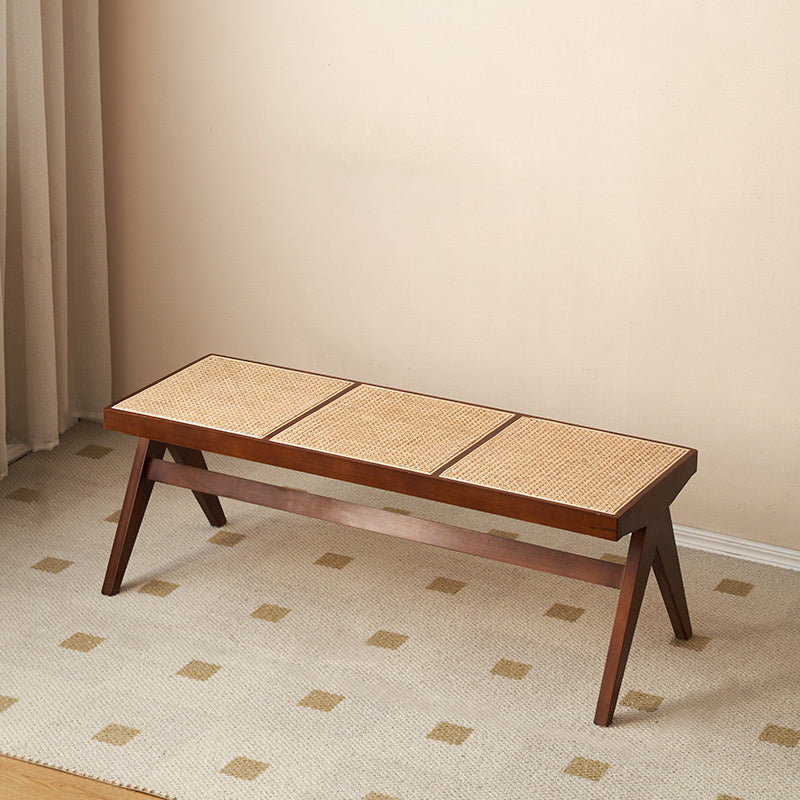 Japanese Rubberwood Rattan Rectangular V-Leg Bench