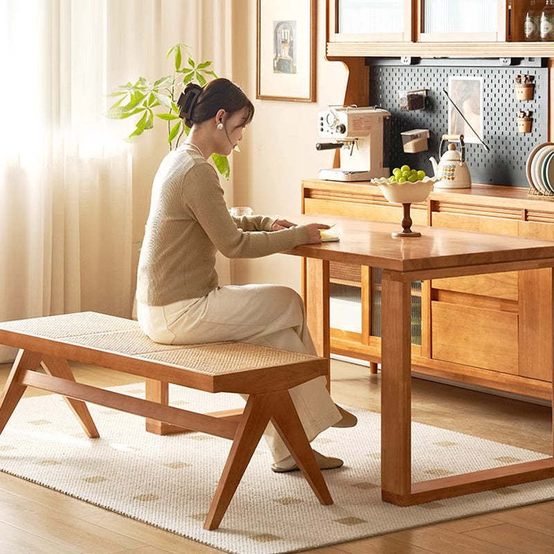 Japanese Rubberwood Rattan Rectangular V-Leg Bench