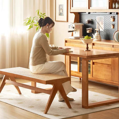 Japanese Rubberwood Rattan Rectangular V-Leg Bench