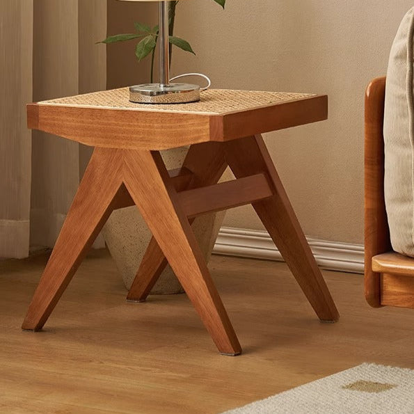 Japanese Rubberwood Rattan Rectangular V-Leg Bench — Double Seat / Wood Color