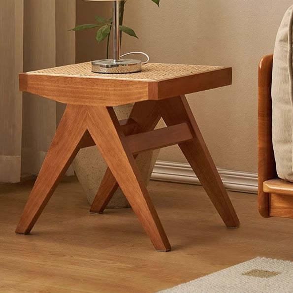 Japanese Rubberwood Rattan Rectangular V-Leg Bench — Double Seat / Wood Color