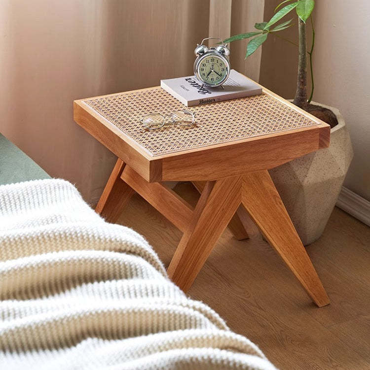 Japanese Rubberwood Rattan Rectangular V-Leg Bench — Triple Seat - Large / Black