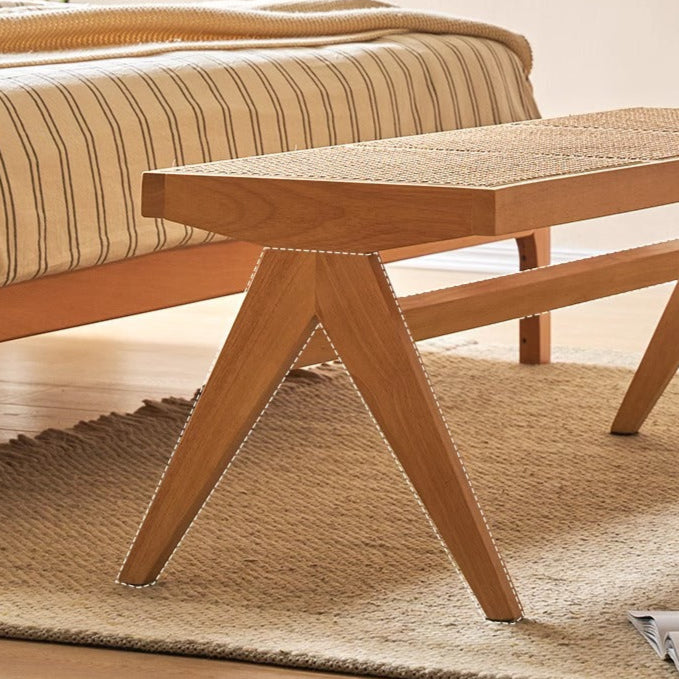 Japanese Rubberwood Rattan Rectangular V-Leg Bench — Triple Seat - Small / Walnut