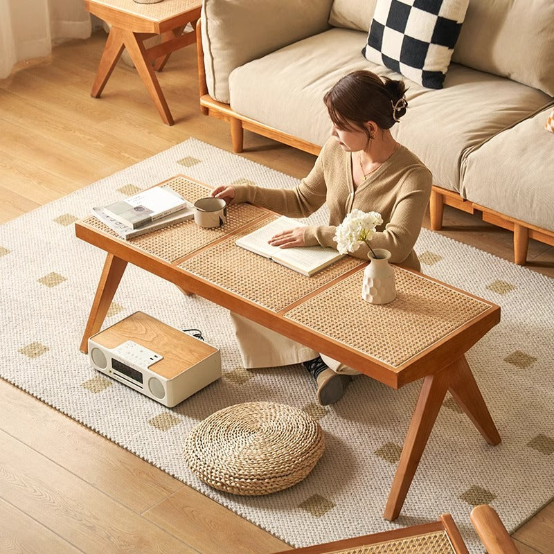 Japanese Rubberwood Rattan Rectangular V-Leg Bench