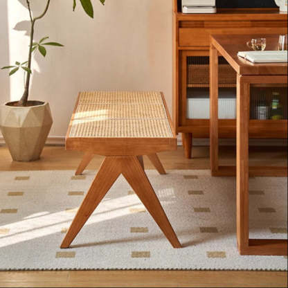 Japanese Rubberwood Rattan Rectangular V-Leg Bench