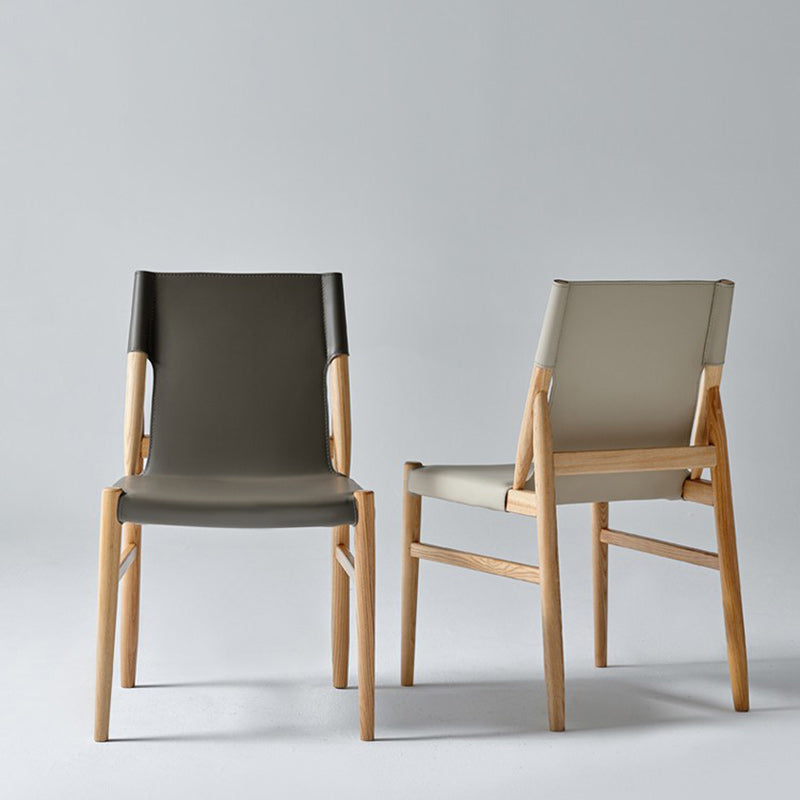 Minimalist Wood Saddle Leather Dining Chair — Brown