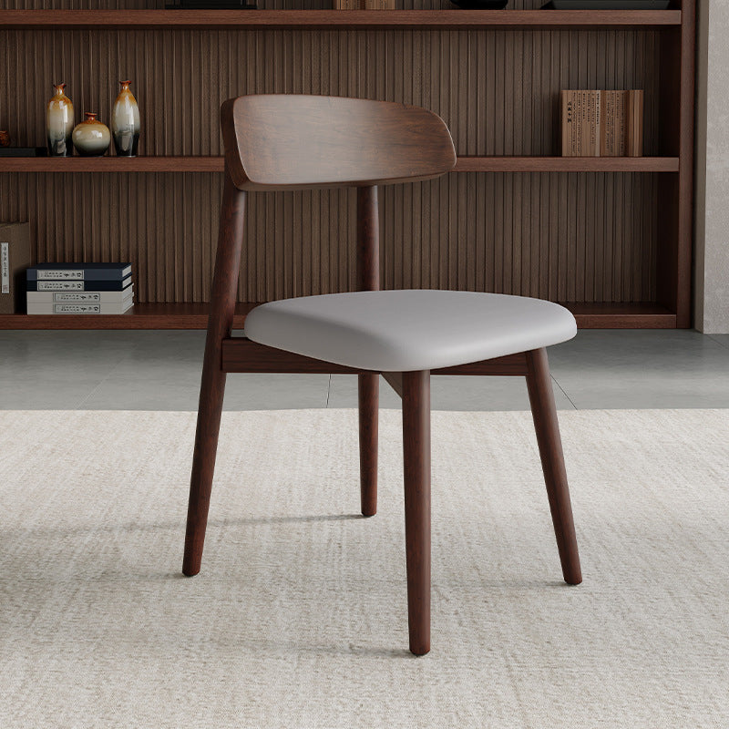 Minimalist Wood Microfiber Leather Dining Chair — Walnut Frame + Brown