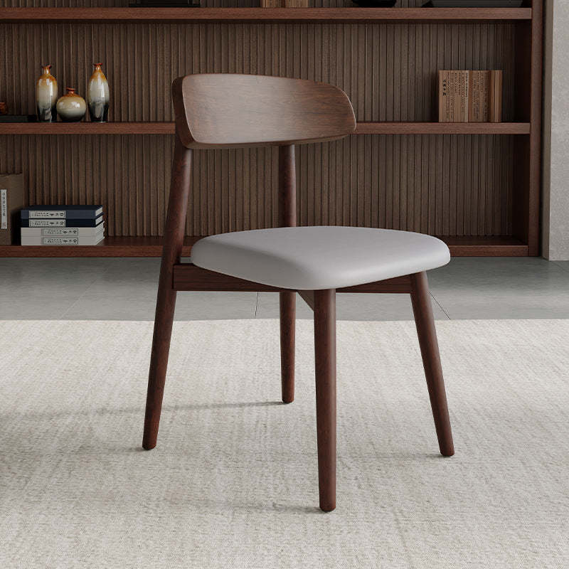 Minimalist Wood Microfiber Leather Dining Chair — Walnut Frame + Brown