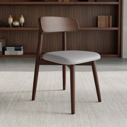 Minimalist Wood Microfiber Leather Dining Chair — Walnut Frame + Brown