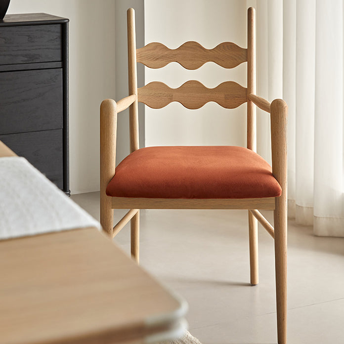 Vintage Rubberwood Velvet Dining Chair with Armrest — Wood Color