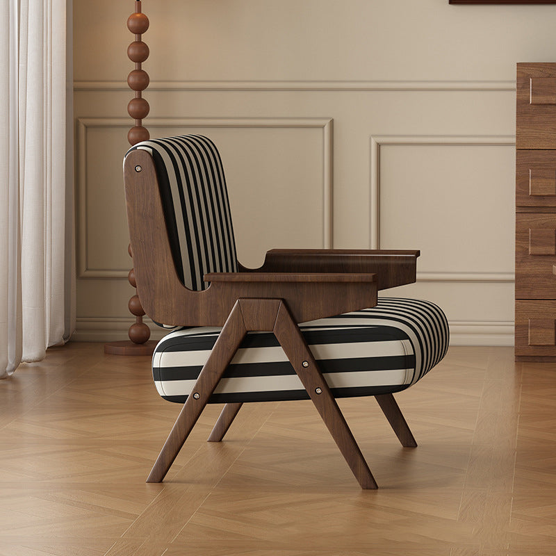 French Striped Fabric Ash Wood Accent Chair