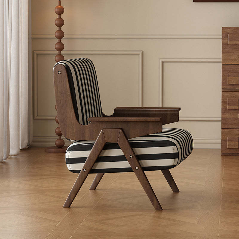 French Striped Fabric Ash Wood Accent Chair