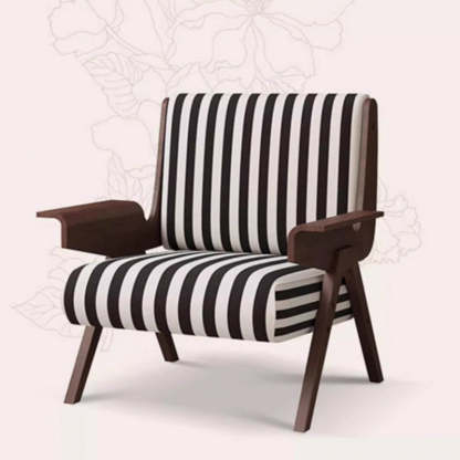 French Striped Fabric Ash Wood Accent Chair