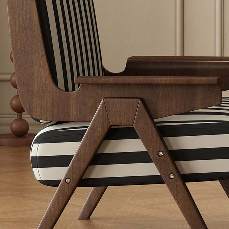 French Striped Fabric Ash Wood Accent Chair