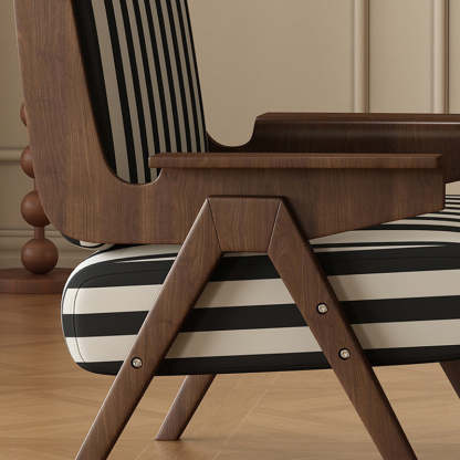 French Striped Fabric Ash Wood Accent Chair