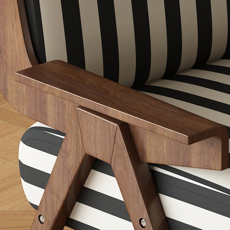 French Striped Fabric Ash Wood Accent Chair