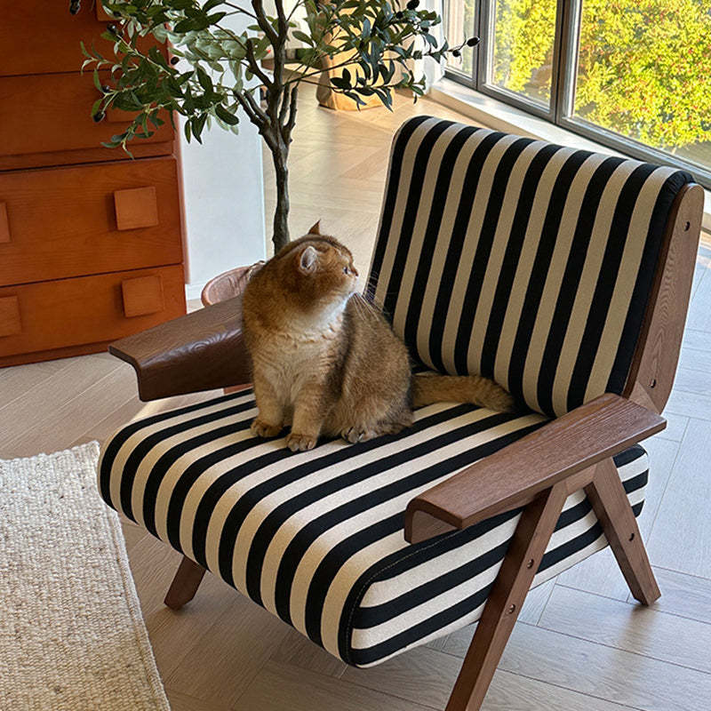 French Striped Fabric Ash Wood Accent Chair
