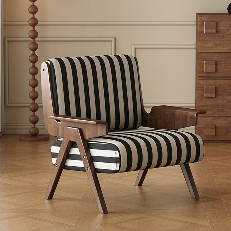 French Striped Fabric Ash Wood Accent Chair