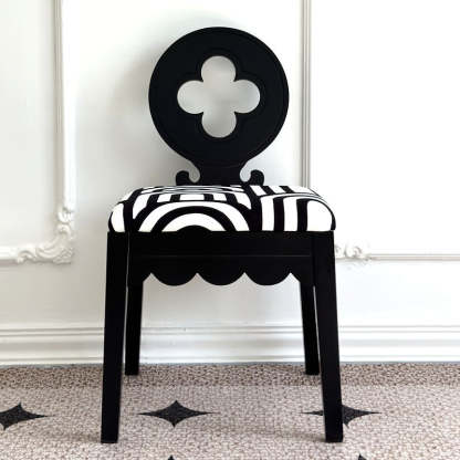 French Clover-Back Fabric Wood Vanity Stool — Black