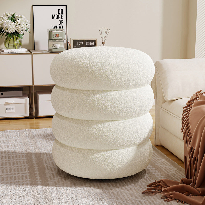 Contemporary Lambswool Solid Wood Low Stool — White