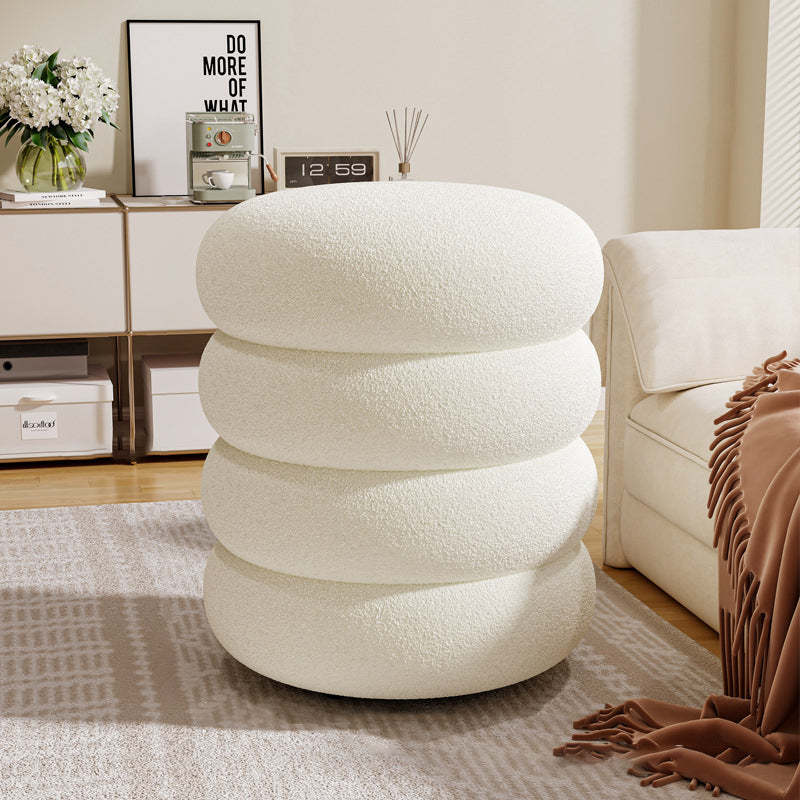 Contemporary Lambswool Solid Wood Low Stool — White