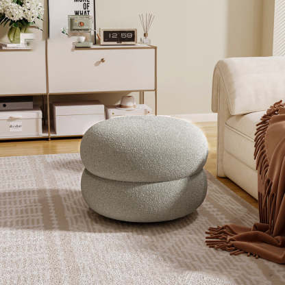 Contemporary Lambswool Solid Wood Low Stool — Gray