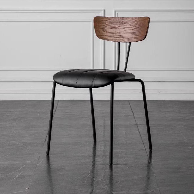 Nordic Striped Wood Leather Dining Chair — Walnut Backrest + Black