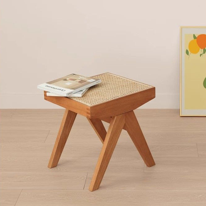 Minimalist Rattan Wood Low Stool — Black
