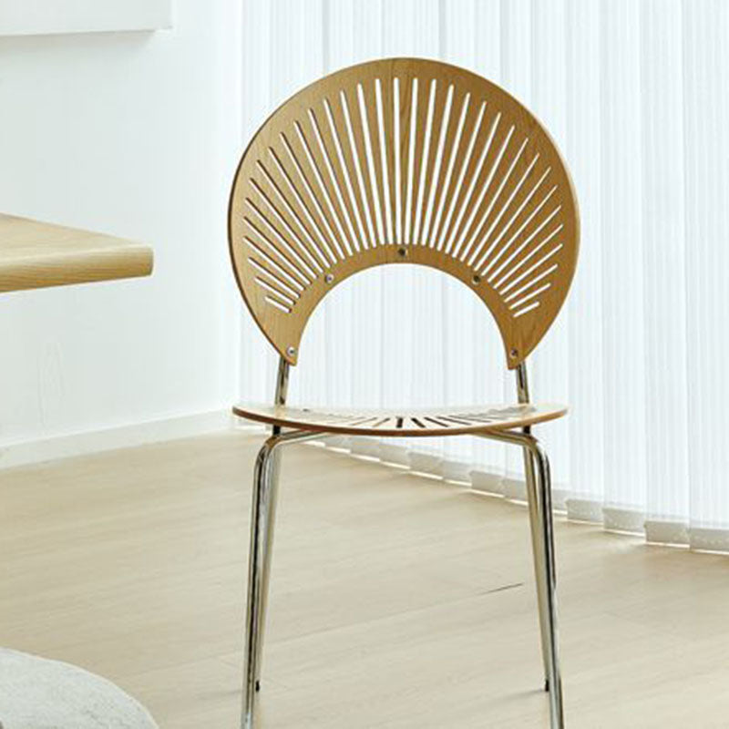 Nordic Shell Solid Wood Steel Dining Chair — Walnut Color - Silver Legs
