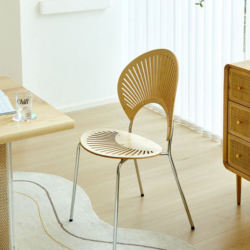 Nordic Shell Solid Wood Steel Dining Chair — Cherry Color - Silver Legs