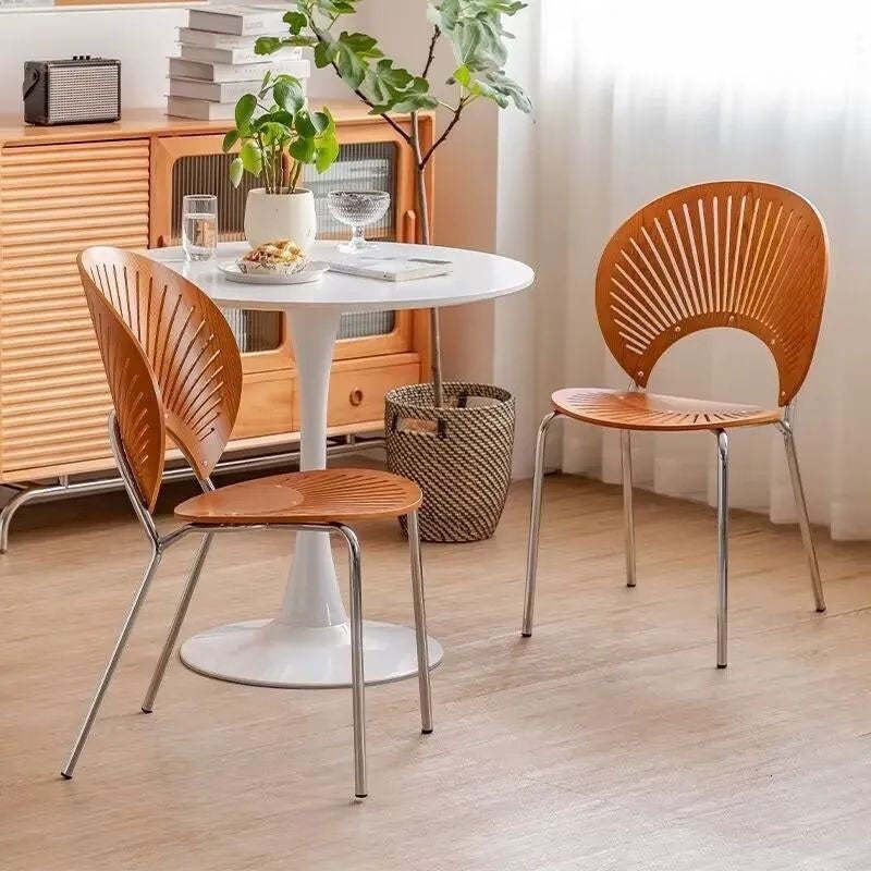 Nordic Shell Solid Wood Steel Dining Chair — White - Silver Legs